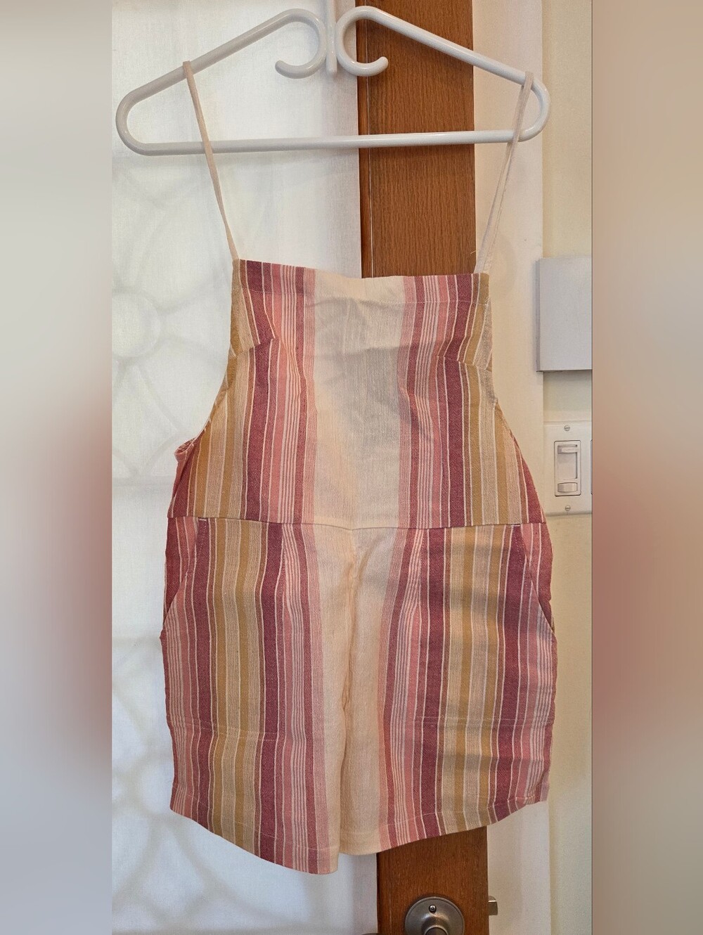 Rip Curl Striped Cotton Linen Blend Jumpsuit in Cream, Pink, Size M
